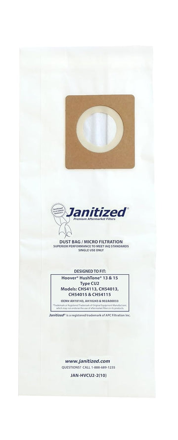 Hoover Commercial Cu2 Allergen Commercial Disposable Vacuum Bag, premium replacement commercial vacuum bag for Hoover Hushtone 13" & 15", OEM# AH10243, 902A00033 (Pack of 10)